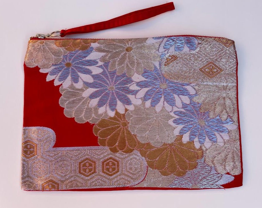 Pouch Clutch Bag - Silk OBI -Red Silver flowers